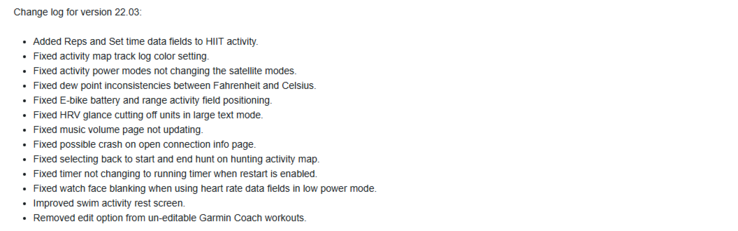 Informacje o wydaniu aktualizacji Garmin beta w wersji 22.03 dla Fenix 7. (Źródło obrazu: Garmin)