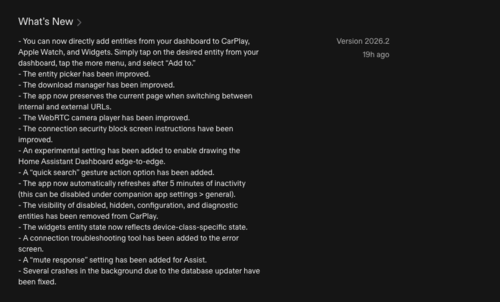 Dziennik zmian dla aplikacji Home Assistant iOS w wersji 2026.2