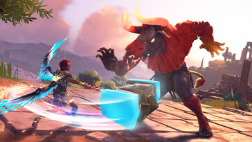 Obrazek przedstawiający walkę z minotaurem w Immortals Fenyx Rising.
