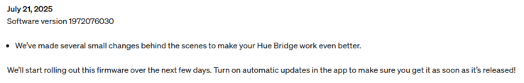Informacje o wersji oprogramowania Philips Hue Bridge 1972076030. (Źródło obrazu: Philips Hue)