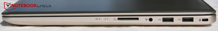prawy bok: kontrolki stanu, czytnik kart pamięci, gniazdo audio, 2 USB typu A (2.0), gniazdo blokady Kensingtona