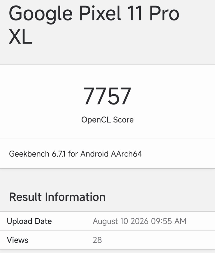 Wyniki testu Geekbench Compute dla modelu Pixel 11 Pro XL