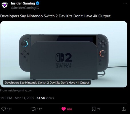 W zestawie deweloperskim Insider Gaming Switch 2 brakuje postu 4K X (źródło obrazu: zrzut ekranu, konto Insider Gaming X)
