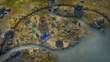 Ilustracja przedstawiająca miasto w grze „Pathfinder: Kingmaker — Enhanced Plus Edition”.