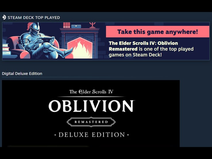 Zrzut ekranu przedstawiający baner reklamowy serwisu Steam, promujący grę „The Elder Scrolls IV: Oblivion Remastered” jako jedną z najczęściej granych gier na Steam Deck.
