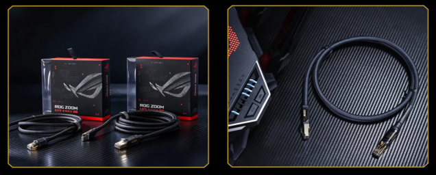 Asus ROG Zoom. Gęsto pleciony oplot chroni go przed przetarciami i szarpaniem, a złącza RJ-45 mają ekranowanie z pozłacanej miedzi.