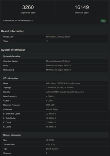 Ryzen 7 9850X3D w teście Geekbench (źródło obrazu: Geekbench)