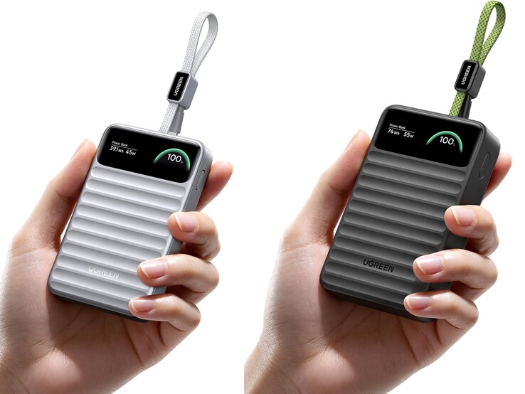Po lewej: wersja o pojemności 10 000 mAh w kolorze srebrnym. Po prawej: model o pojemności 20 000 mAh w kolorze czarnym.