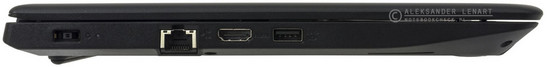 lewy bok: gniazdo zasilania, LAN, HDMI, USB 3.0 (power)