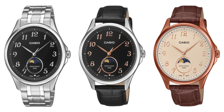 Od lewej do prawej: zegarki Casio MTP-M110D-1AV, MTP-M110L-1AV i MTP-M110RL-5AV. (Źródło zdjęcia: Casio)