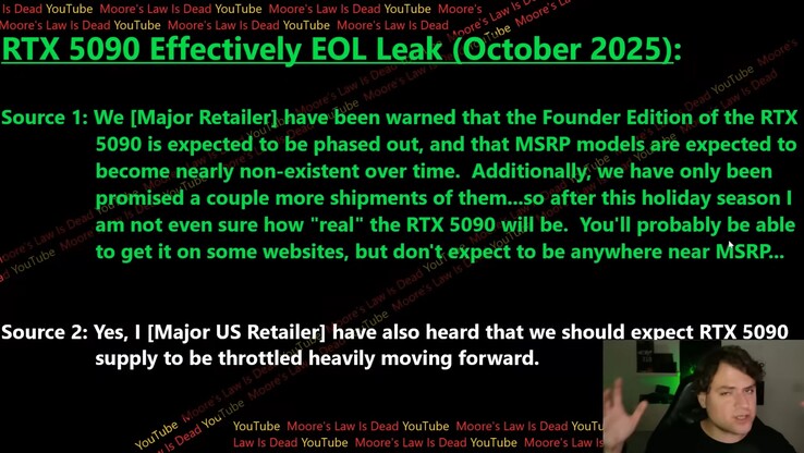 Podaż RTX 5090 zostanie podobno znacznie zmniejszona w nadchodzących miesiącach. (źródło zdjęcia: Moore's Law Is Dead)