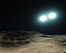 Ilustracja artystyczna przedstawiająca dwie gwiazdy neutronowe i planetę.