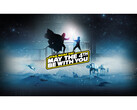 Obrazek promocyjny z okazji Steam Star Wars Day Sale przedstawiający Dartha Vade'a i Luke'a Skywalkera zaangażowanych w walkę na miecze świetlne z tekstem promocyjnym na górze. (Źródło obrazu: Steam)