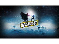 Obrazek promocyjny z okazji Steam Star Wars Day Sale przedstawiający Dartha Vade'a i Luke'a Skywalkera zaangażowanych w walkę na miecze świetlne z tekstem promocyjnym na górze. (Źródło obrazu: Steam)