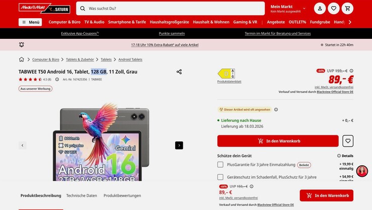 Tabwee T50 jest sprzedawany w wielu regionach z 6 GB pamięci RAM i 128 GB pamięci masowej.