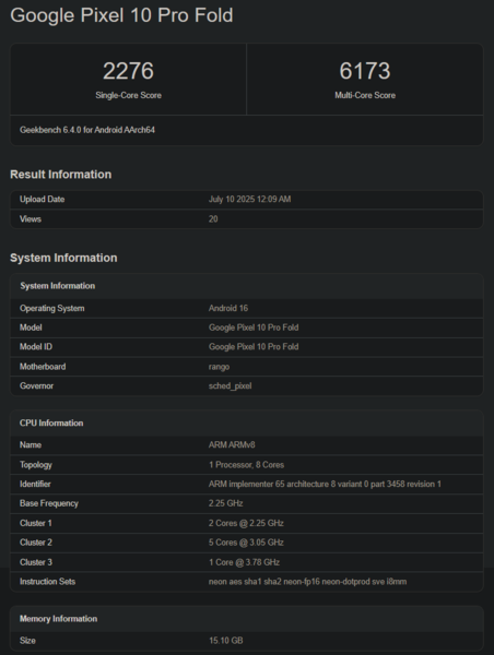 Wynik Tensor G5 w Geekbench (źródło obrazu: Geekbench)