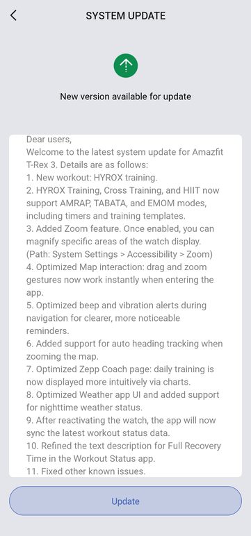 Informacje o wydaniu wersji 3.9.4.4 dla smartwatcha T-Rex 3. (Źródło obrazu: Amandeepxreal via Reddit)