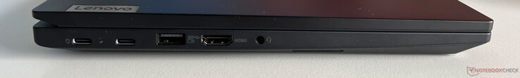 Po lewej: USB-C 3.2 Gen 1 (5 Gb/s, DisplayPort ALT Mode 1.4, Power Delivery), USB-C 3.2 Gen 2 (10 Gb/s, DisplayPort ALT Mode 1.4, Power Delivery), USB-A 3.2 Gen.1 (5 Gb/s, zasilane), HDMI 1.4b, 3,5 mm audio
