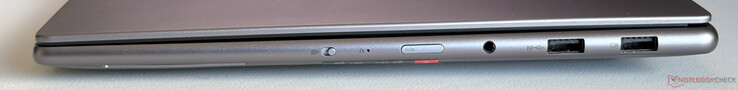 Po prawej stronie: Kamera internetowa eShutter, przycisk zasilania, 3,5 mm stereo, 2x USB-A 3.2 Gen.2 (10 Gbps, 1x Always-on)