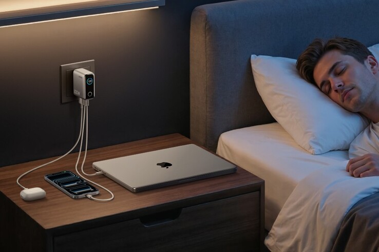 Ładowarka Anker (100 W, 3 porty, inteligentny wyświetlacz) zapewnia moc wystarczającą do jednoczesnego zasilania MacBooka, iPhone'a i słuchawek AirPods. (Źródło zdjęcia: Anker)