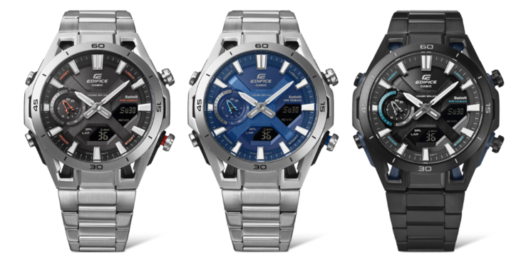 Od lewej do prawej: zegarki Casio Edifice ECB-2300D-1A, ECB-2300D-2A i ECB-2300DC-1A (źródło zdjęcia: Ersa Watch, edytowane)