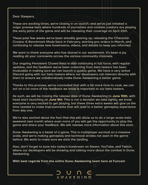 Dune: Aktualizacja daty premiery Przebudzenia na Discordzie (Źródło obrazu: Oficjalny serwer Discord Dune: Awakening)