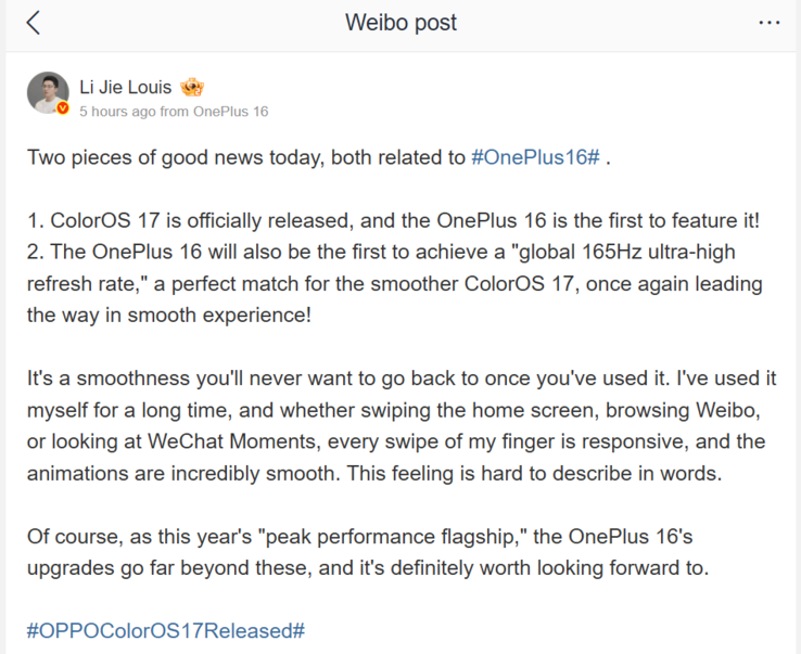 Li Jie potwierdził, że model OnePlus 16 i system ColorOS 17 będą fabrycznie wyposażone w globalną częstotliwość odświeżania wynoszącą 165 Hz.