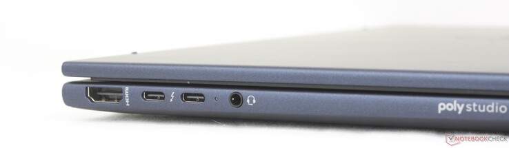 Po lewej: HDMI 2.1, 2x USB-C 40 Gb/s Thunderbolt 4 z funkcją Power Delivery + DisplayPort 2.1, zestaw słuchawkowy 3,5 mm
