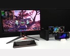 Borderlands 4 uruchomiony na monitorze podłączonym do minikomputera Minisforum MSA2 sparowanego z kartą graficzną AMD Radeon RX 9070 XT w stacji dokującej Oculink eGPU, wraz z handheldem Asus ROG Ally X (źródło obrazu: ETA PRIME via YouTube)