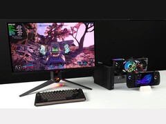 Borderlands 4 uruchomiony na monitorze podłączonym do minikomputera Minisforum MSA2 sparowanego z kartą graficzną AMD Radeon RX 9070 XT w stacji dokującej Oculink eGPU, wraz z handheldem Asus ROG Ally X (źródło obrazu: ETA PRIME via YouTube)