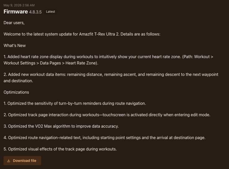 Informacje o wydaniu oprogramowania układowego w wersji 3.8.0.5 dla smartwatcha Amazfit T-Rex Ultra 2