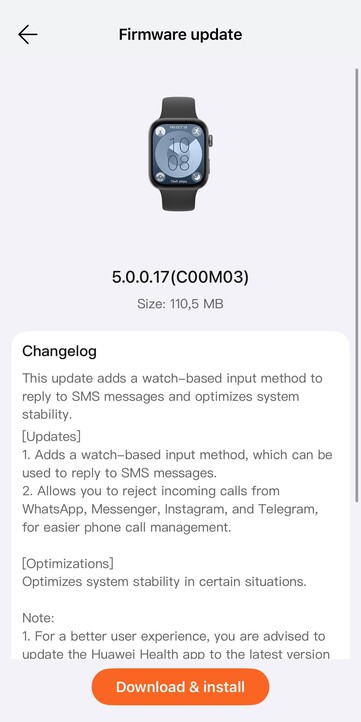 Dziennik zmian oprogramowania układowego w wersji 5.0.0.17 dla Huawei Watch Fit 3. (Źródło obrazu: u/Eyas-Alhamwi via Reddit)
