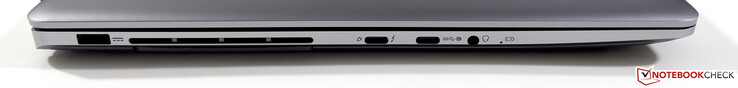 Po lewej: zasilanie, USB-C 4.0 z Thunderbolt 4 (40 GB/s, PowerDelivery, tryb DisplayPort ALT), USB-C 3.2 Gen.2 (10 GB/s, tryb DisplayPort ALT), 3,5-mm stereo