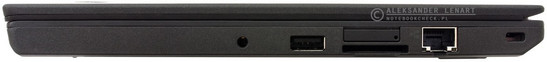 prawy bok: gniazdo audio, USB 3.0, czytnik kart pamięci, miejsce na kartę SIM, LAN, zaczep na linkę blokady Kensingtona