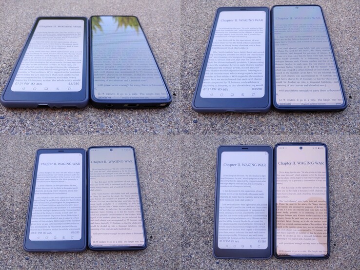 Kaleido vs OLED (~550 nitów). Zacienione popołudniowe światło słoneczne.