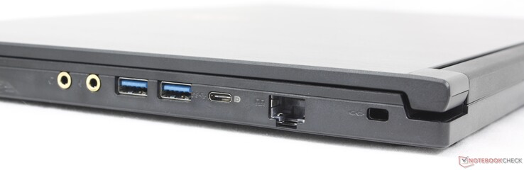 Po prawej: zestaw słuchawkowy 3,5 mm, mikrofon 3,5 mm, 2x USB-A 3.2 Gen. 1, USB-C 3.2 Gen. 1 z DisplayPort, RJ-45 (1 Gb/s), blokada Kensington Lock