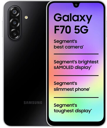 Samsung Galaxy F70 5G w kolorze Bold Black, widok z przodu i z tyłu