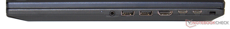Prawa strona: combo audio, 2x USB 3.2 Gen 2 (USB-A), HDMI, Thunderbolt 4 (USB-C; Power Delivery, DisplayPort), USB 3.2 Gen 2 (USB-C; Power Delivery), gniazdo na blokadę Kensington