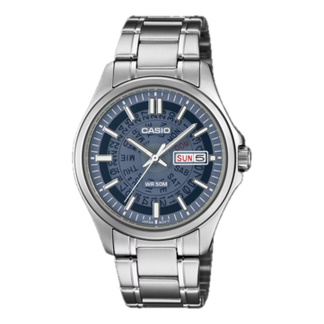 Model MTP-E740-2A1V firmy Casio w kolorze granatowym posiada półprzezroczystą tarczę, przez którą widać znajdujące się pod spodem koła wskazujące dzień tygodnia i datę.