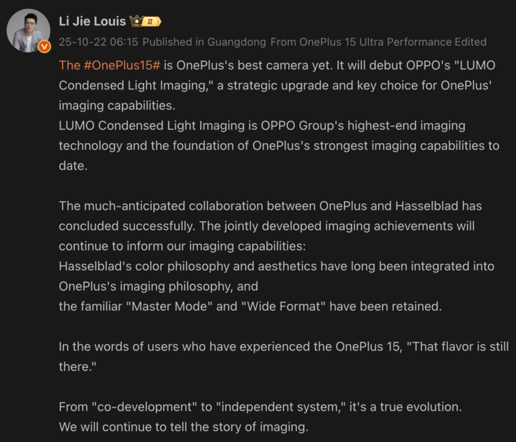 Prezes OnePlus, Louis Lee, ujawnia szczegóły dotyczące aparatu w OnePlus 15. (Źródło obrazu: Weibo - tłumaczenie maszynowe)