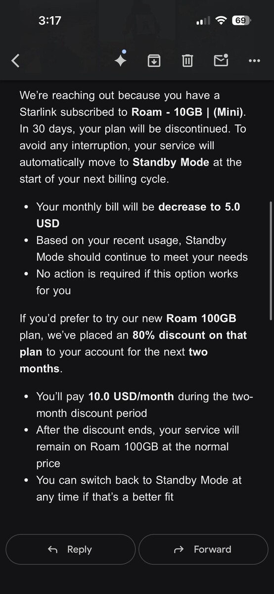 Starlink zmieni plan Roam za 10 USD w tryb gotowości. (Źródło obrazu: silvertricl0ps/Reddit)