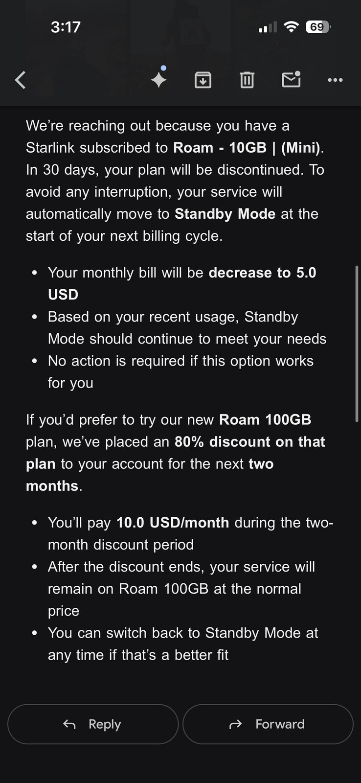 Starlink zmieni plan Roam za 10 USD w tryb gotowości. (Źródło obrazu: silvertricl0ps/Reddit)