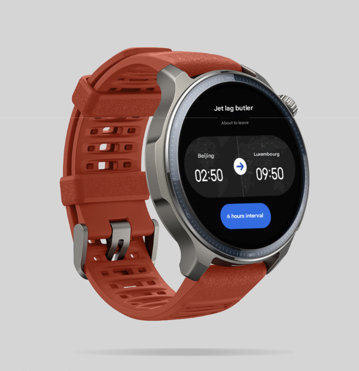 Zepp OS 5 posiada funkcję Jet Lag Manager, pokazaną na smartwatchu Balance 2. (Źródło zdjęcia: Amazfit, tłumaczenie maszynowe)