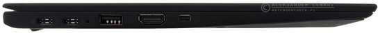 lewy bok: dwa gniazda USB typu C z wsparciem standardu Thunderbolt 3 (pierwsze służy do zasilania laptopa), kontrolka stanu, USB 3.0, HDMI, złącze pod adapter Ethernet (mini Ethernet)