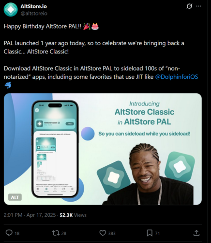 Ogłoszenie AltStore AltStore Classic X (źródło obrazu: zrzut ekranu, konto AltStore.io X)