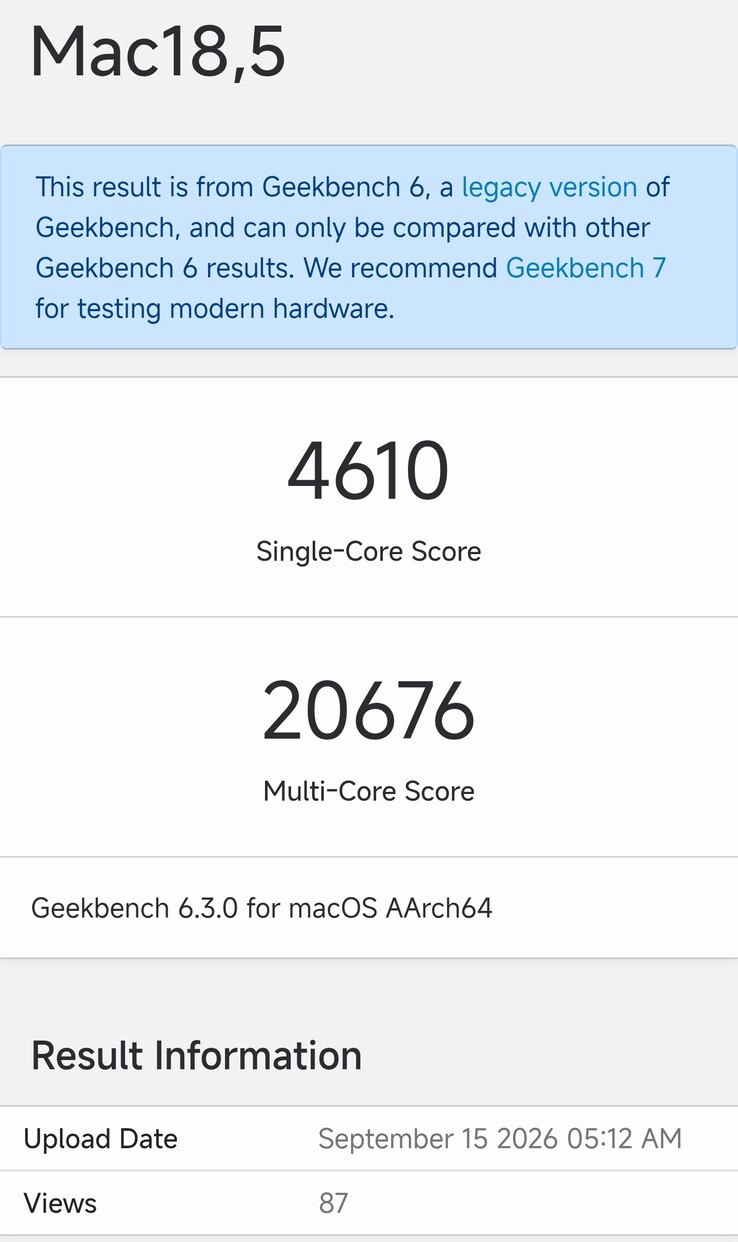 Wpis dotyczący komputera Mac mini M6 w serwisie Geekbench 6.3