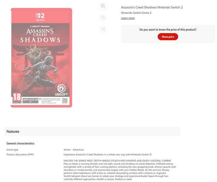 Lista Assassin's Creed Shadows Switch 2 Auchan (źródło obrazu: zrzut ekranu, Auchan)