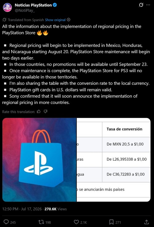 Przedstawiono przetłumaczoną informację dotyczącą cen w sklepie PlayStation Store w Ameryce Łacińskiej