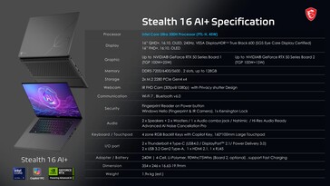 MSI Stealth 16 AI+: Specyfikacja. (Źródło obrazu: MSI)