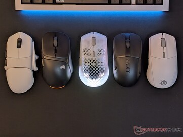Orbital Pathfinder, Glorious Model D3 Wireless, Aerox 3 Wireless Gen 2, NZXT Lift Elite, SteelSeries Rival 3 Wireless Gen 2 (od lewej do prawej).